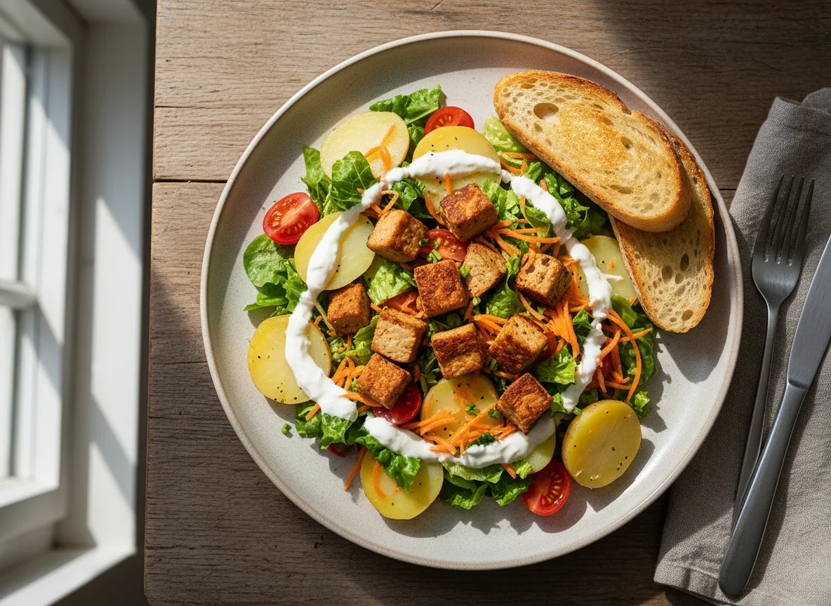 Salat mit Kartoffeln und Fleischersatz photo