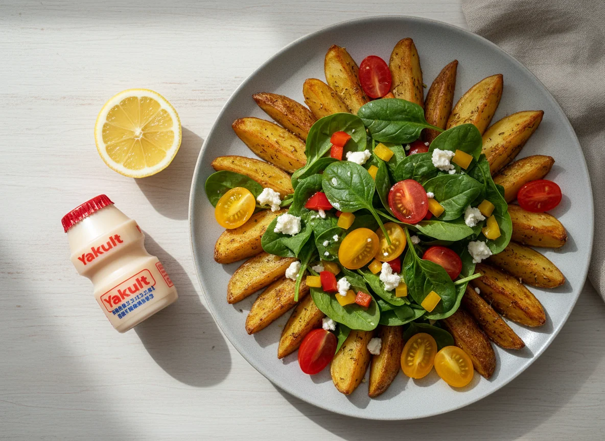 Salat mit Kartoffelspalten und Yakult photo