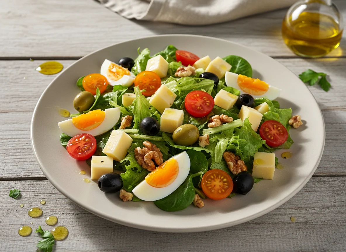 Salat mit Käse, Ei und Walnüssen photo