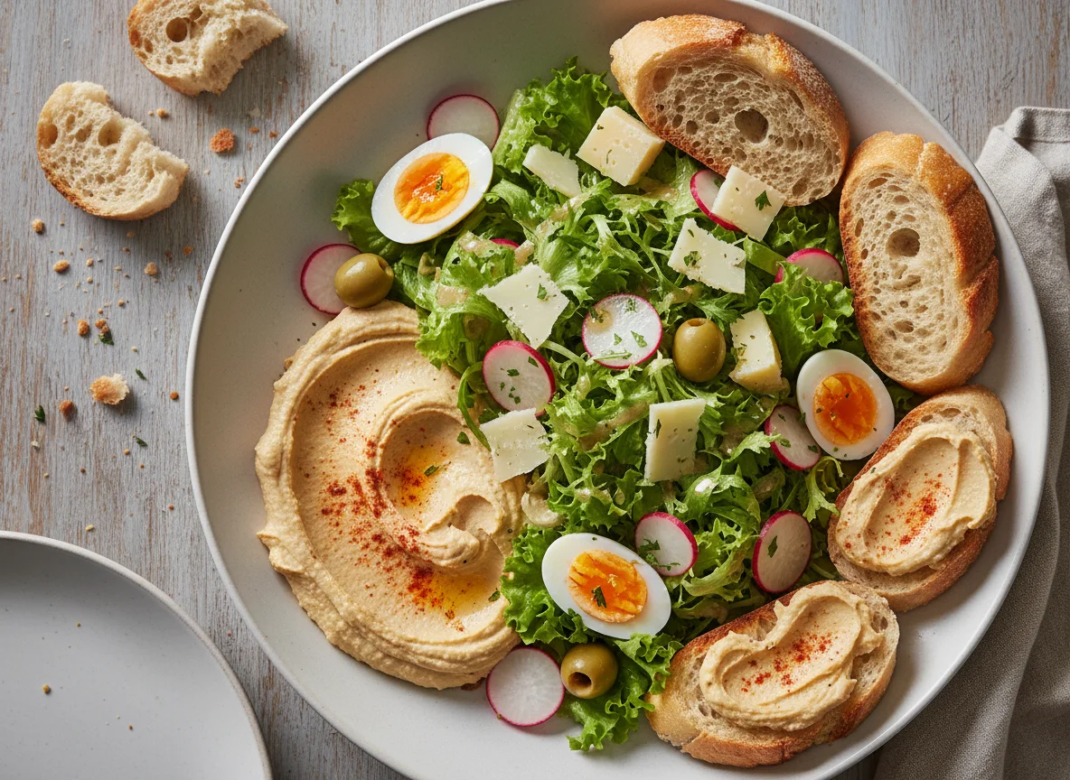 Salat mit Käse, Oliven und Brot photo