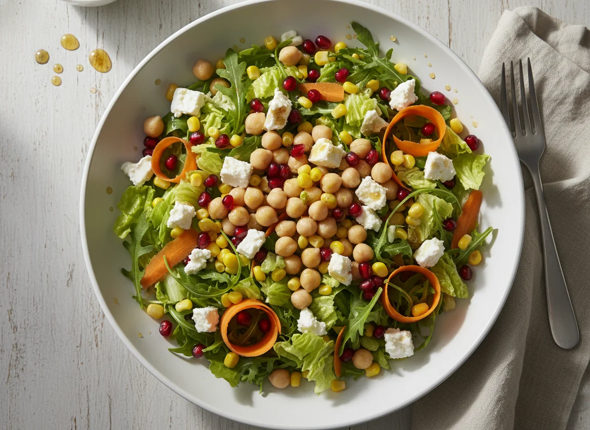 Salat mit Kichererbsen, Mais, Granatapfel und Feta photo