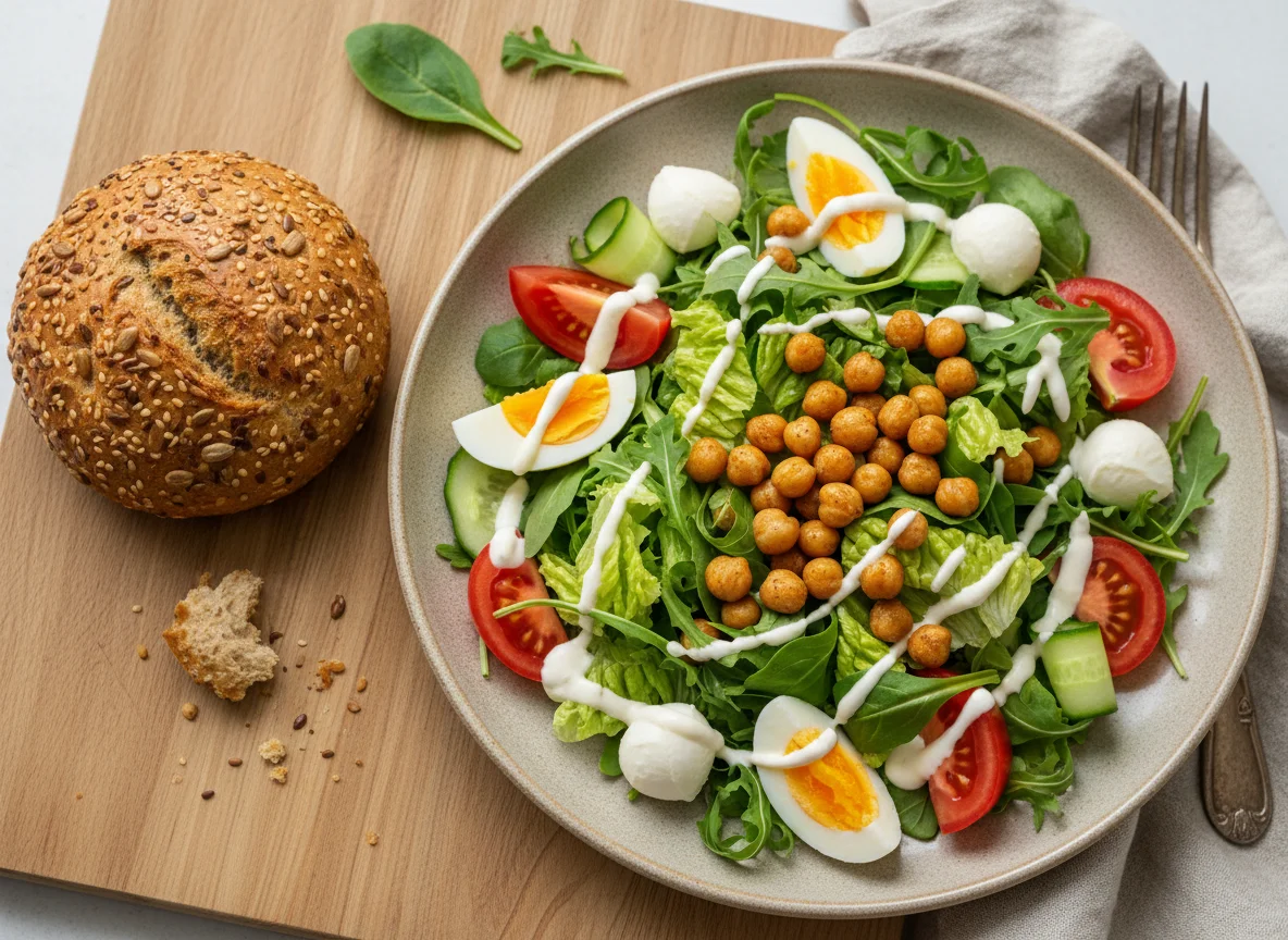 Salat mit Kichererbsen, Mozzarella, Ei und Brötchen photo