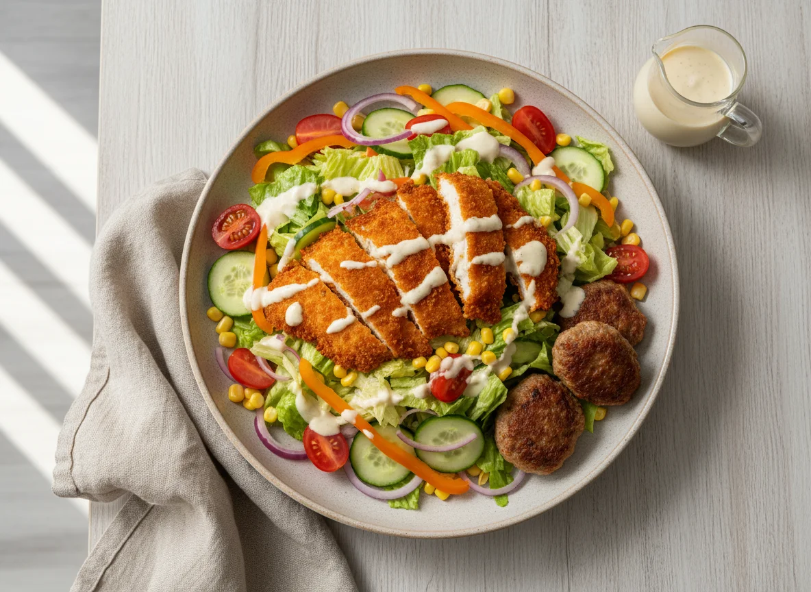 Salat mit knusprigem Hähnchen und Dressing photo