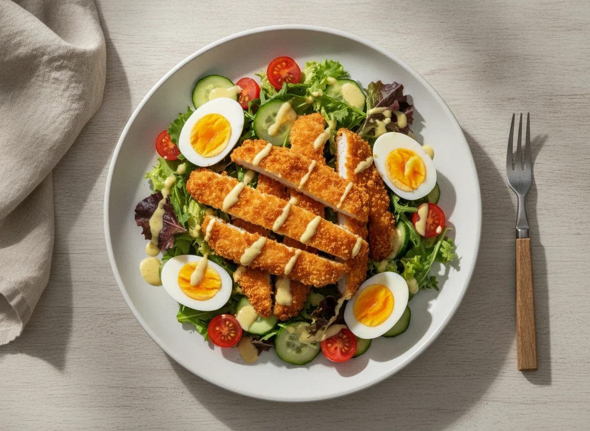 Salat mit knusprigem Hähnchen und Ei photo