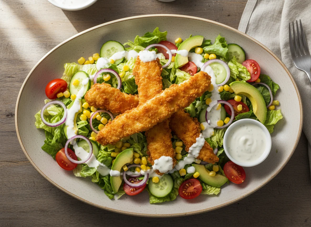 Salat mit knusprigen Hähnchenstreifen photo