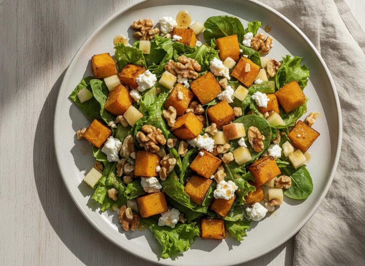 Salat mit Kürbis, Feta und Nüssen photo