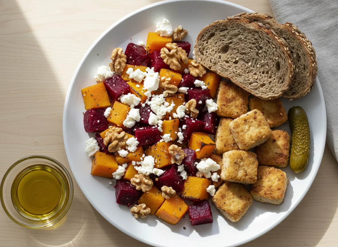 Salat mit Kürbis, Roter Bete, Feta und paniertem Tofu mit Brot und Essiggurke photo