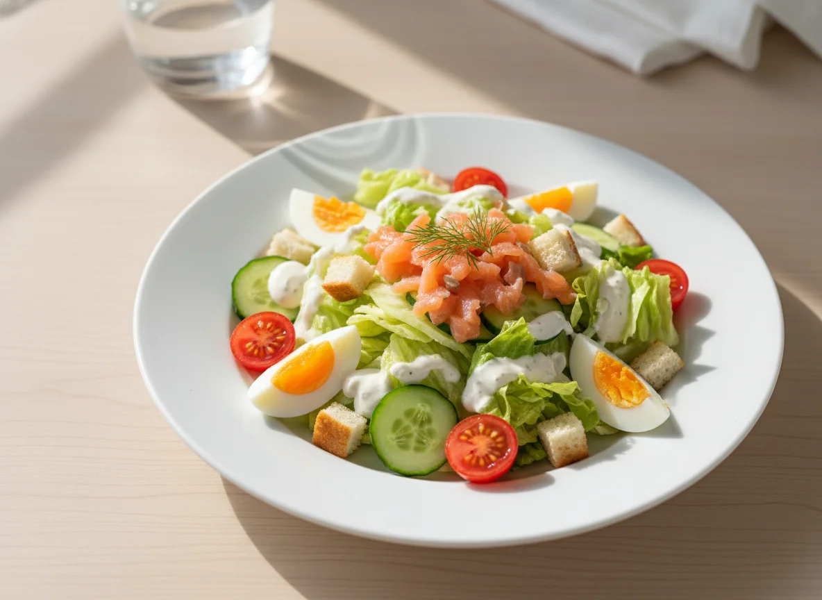 Salat mit Lachs, Ei und Brot photo
