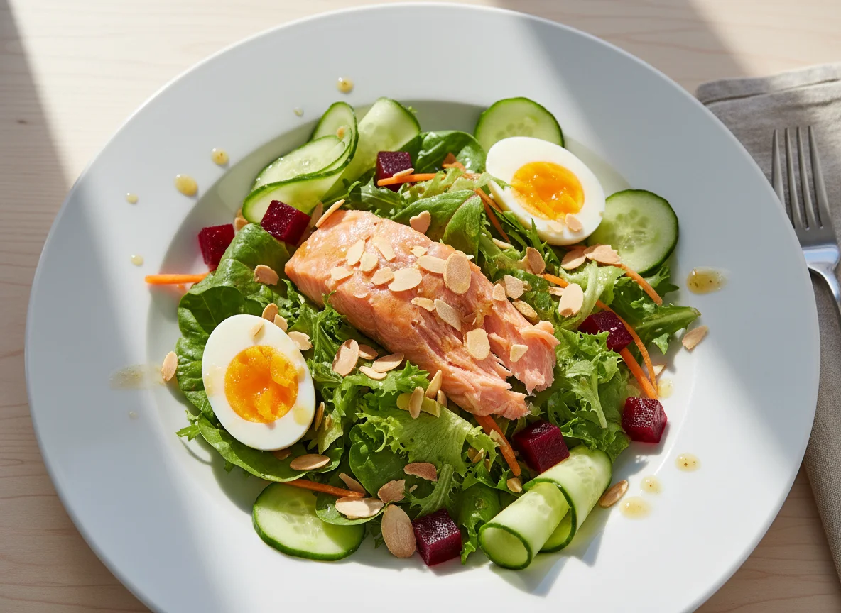 Salat mit Lachs, Ei und Mandeln photo
