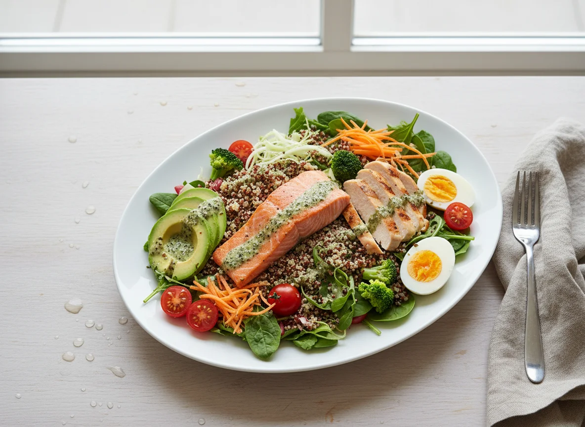Salat mit Lachs, Hähnchen und Quinoa photo