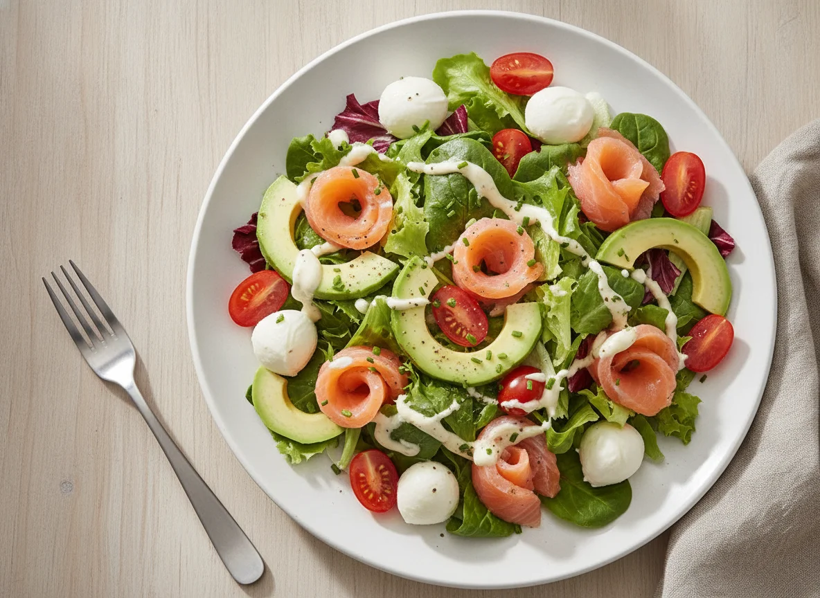 Salat mit Lachs, Mozzarella und Avocado photo