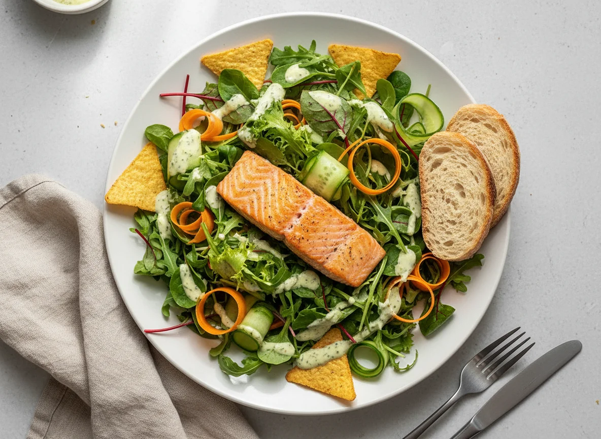Salat mit Lachs und Dressing photo