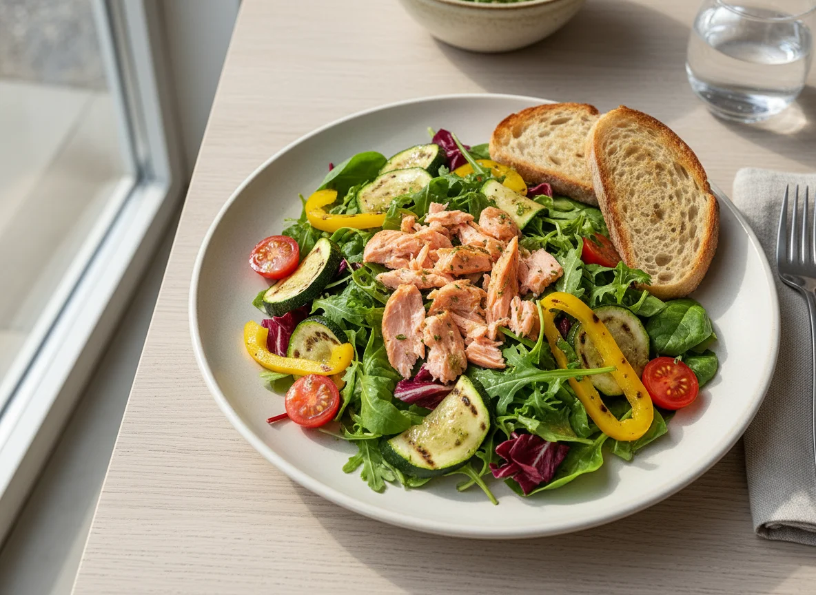 Salat mit Lachs und gegrilltem Gemüse photo