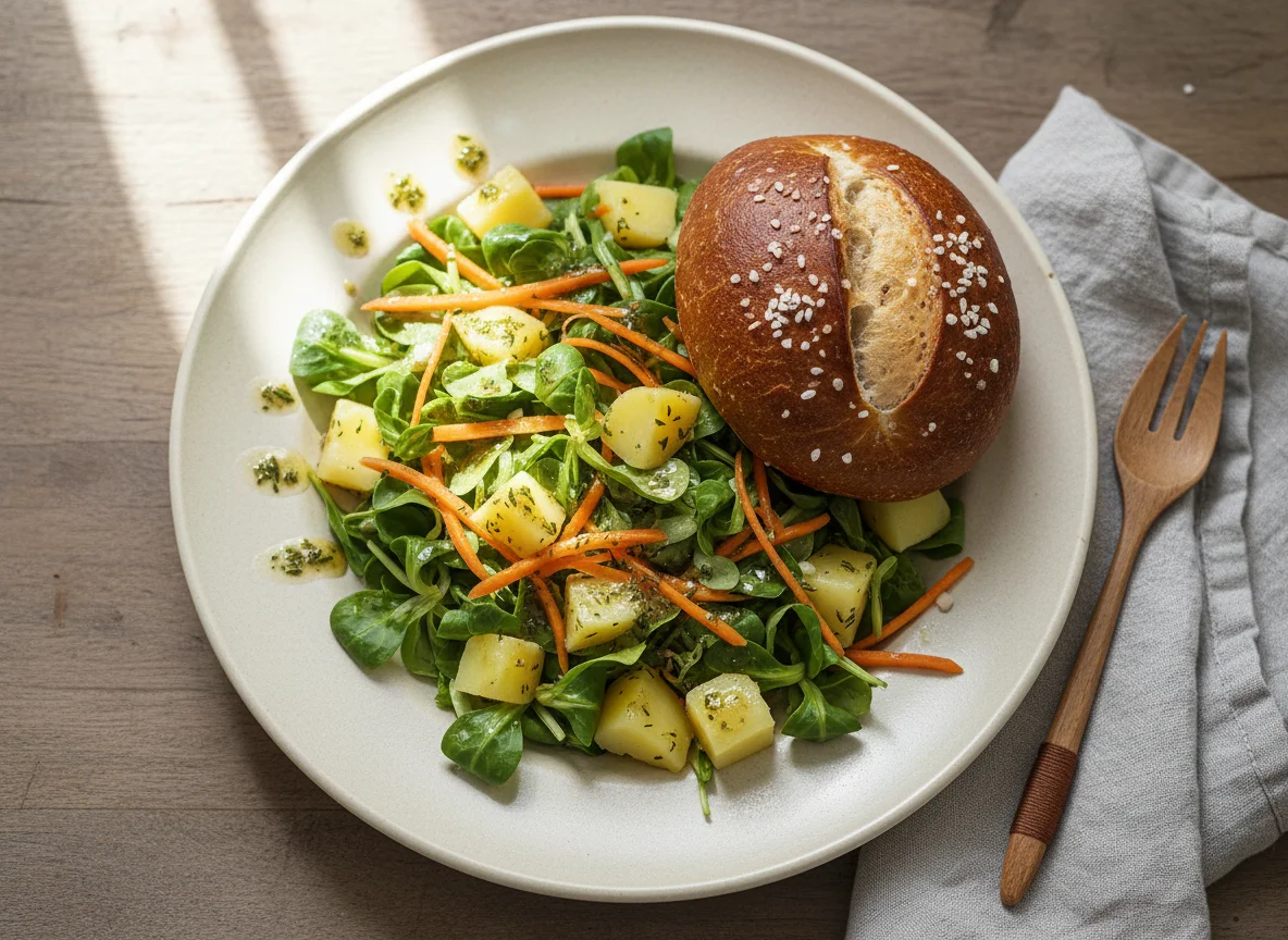 Salat mit Laugenbrötchen photo