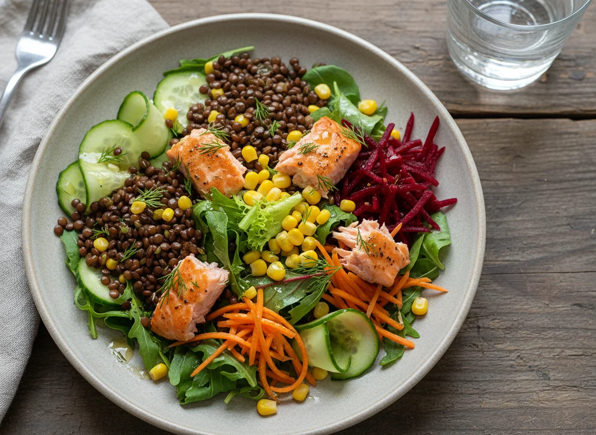 Salat mit Linsen, Lachs und Gemüse photo