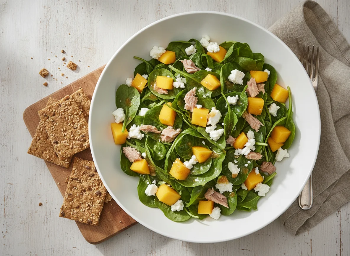 Salat mit Mango, Feta und Knäckebrot photo