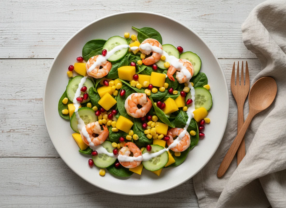 Salat mit Mango, Granatapfel, Garnelen und Joghurt-Dressing photo