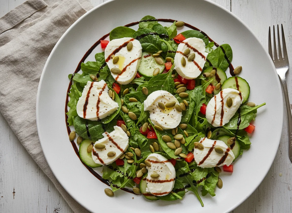Salat mit Mozzarella, Kürbiskernen und Balsamico photo