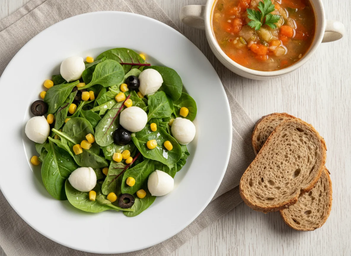Salat mit Mozzarella, Mais, Brot und Suppe photo
