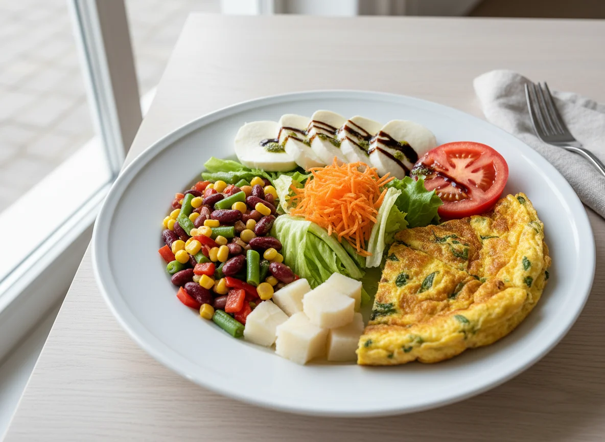 Salat mit Mozzarella, Omelett und Bohnensalat photo