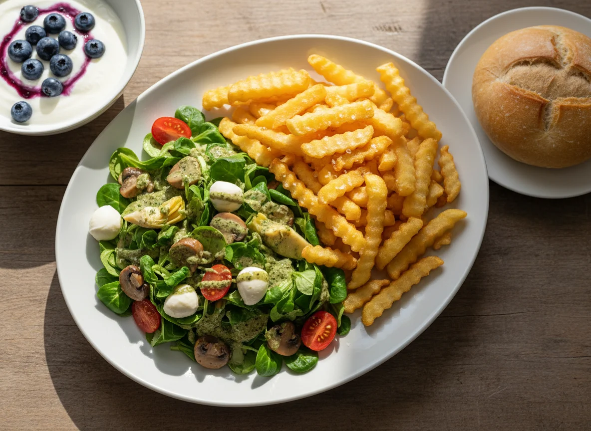 Salat mit Mozzarella, Pommes Frites, Brötchen und Joghurt mit Blaubeeren photo