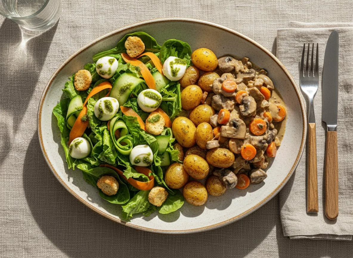 Salat mit Mozzarella und Croutons, dazu Kartoffeln mit Pilz-Karotten-Ragout photo