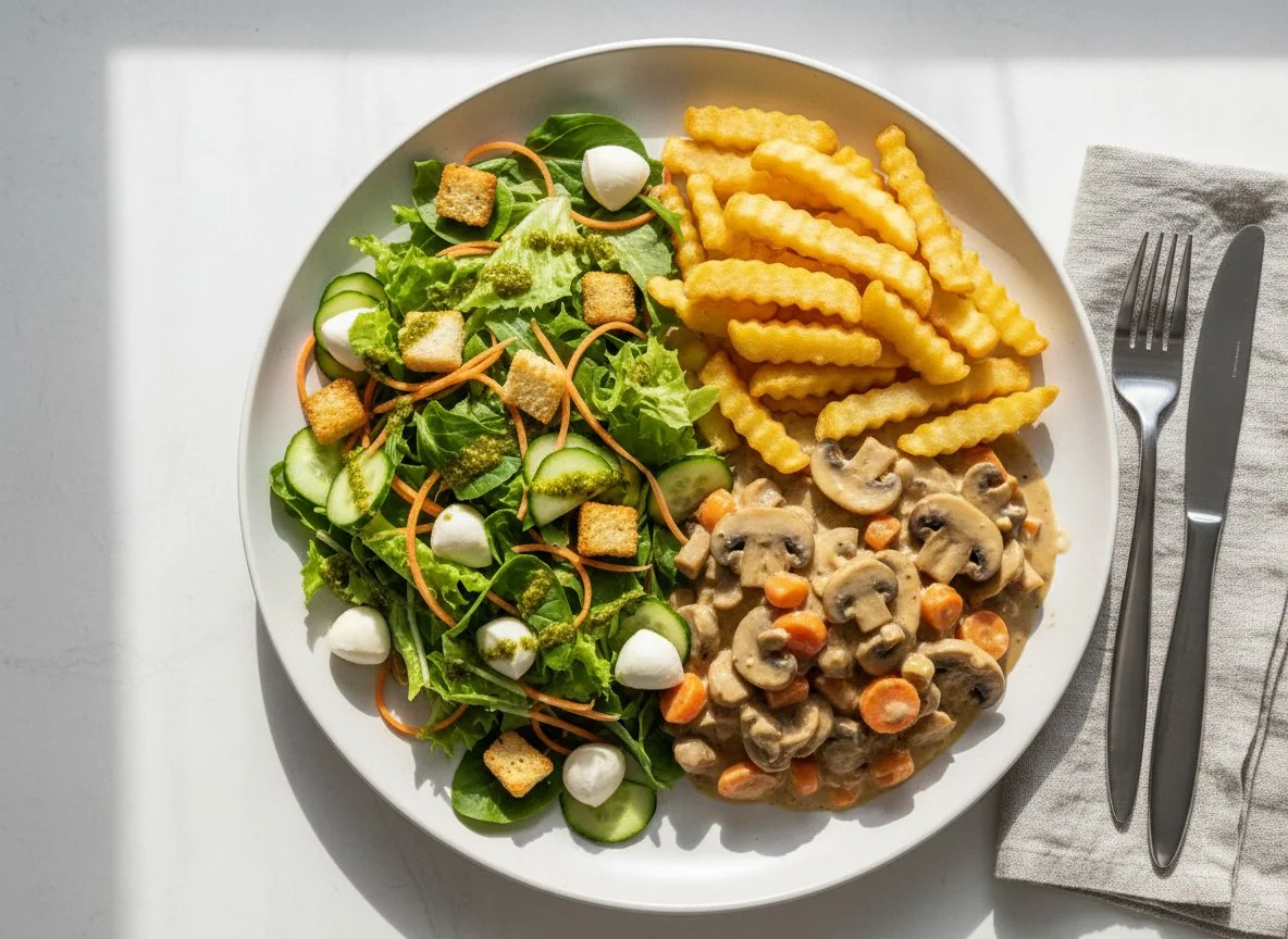 Salat mit Mozzarella und Croutons, dazu Pommes mit Pilz-Karotten-Ragout photo