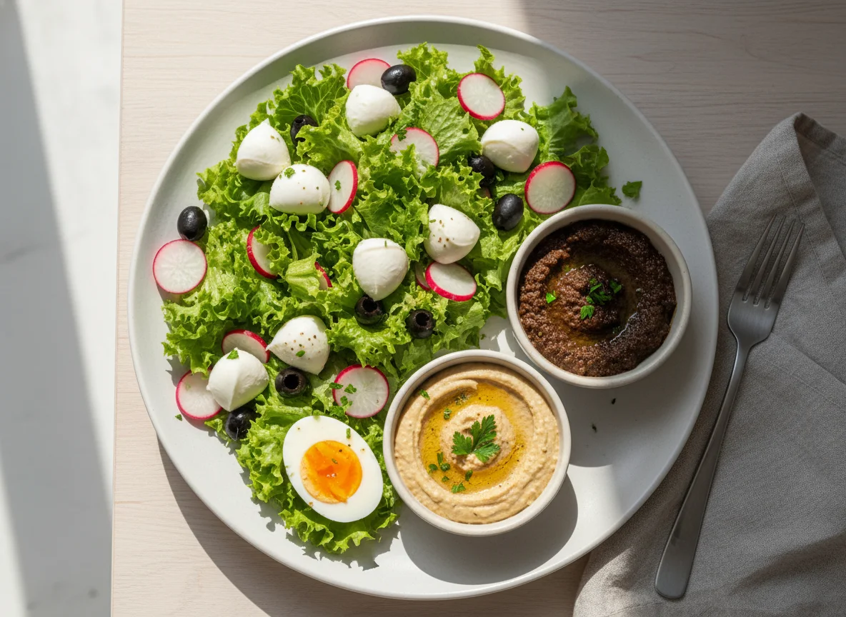 Salat mit Mozzarella und Dips photo