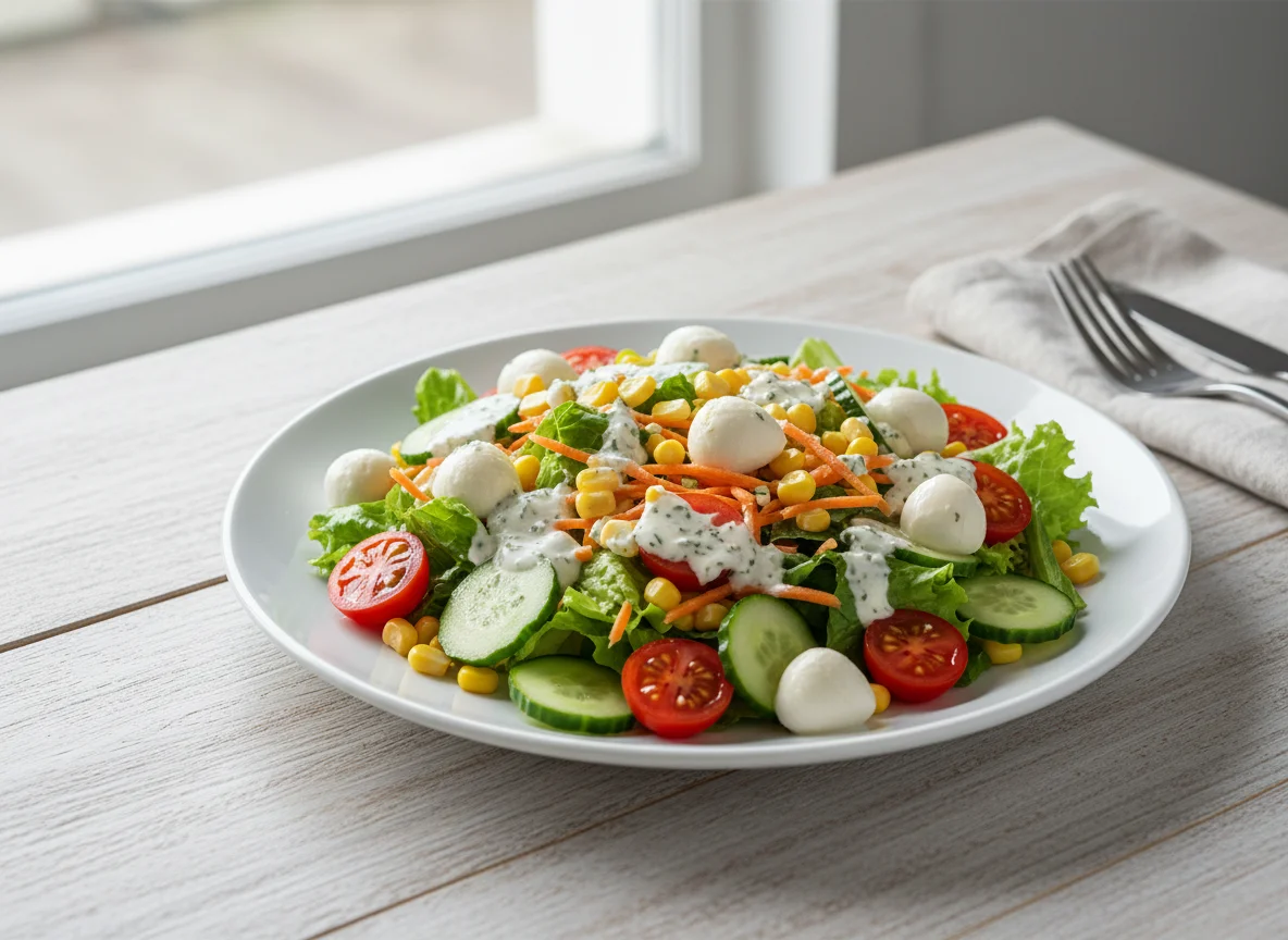 Salat mit Mozzarella und Dressing photo