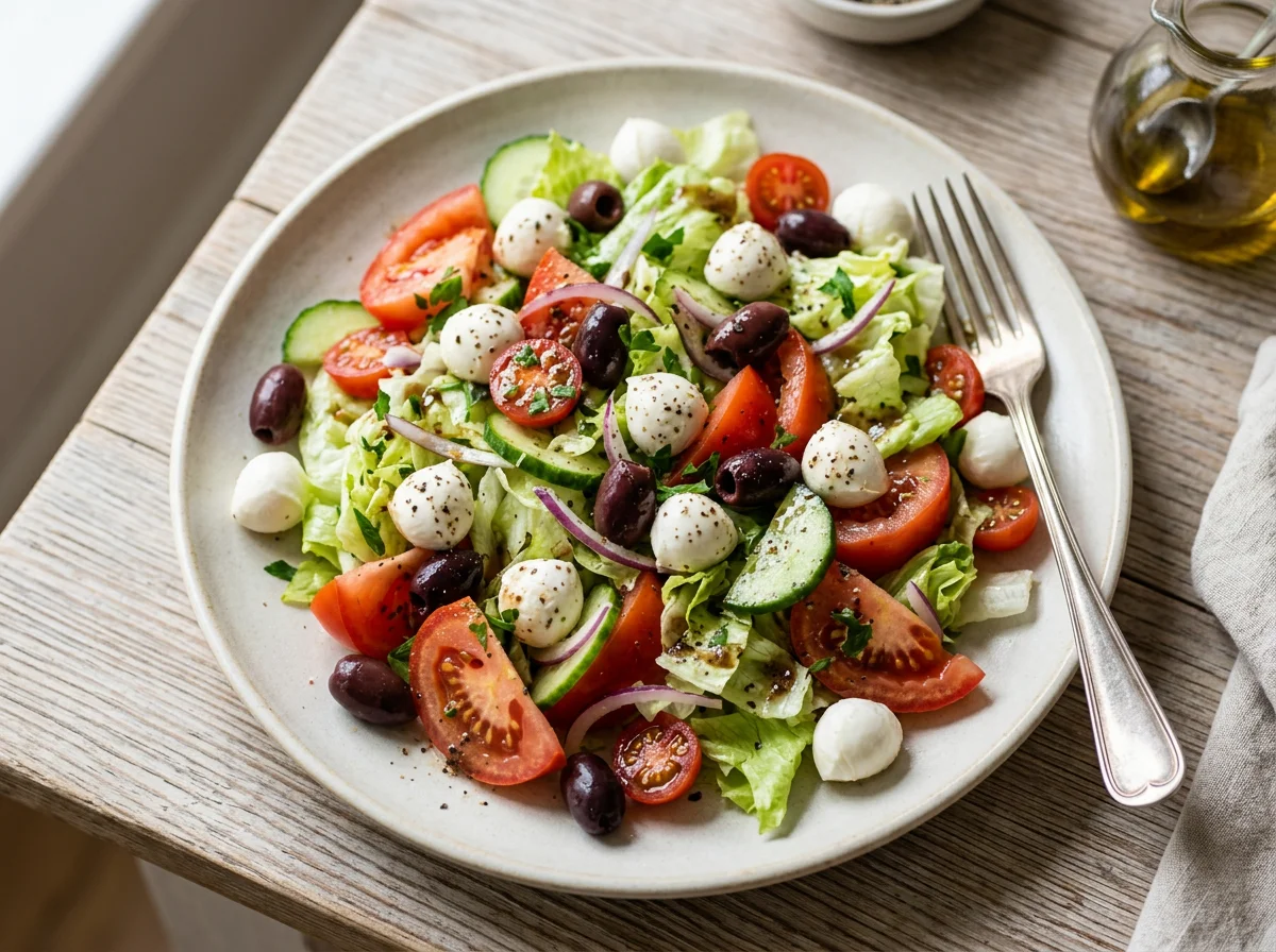 Salat mit Mozzarella und Oliven photo