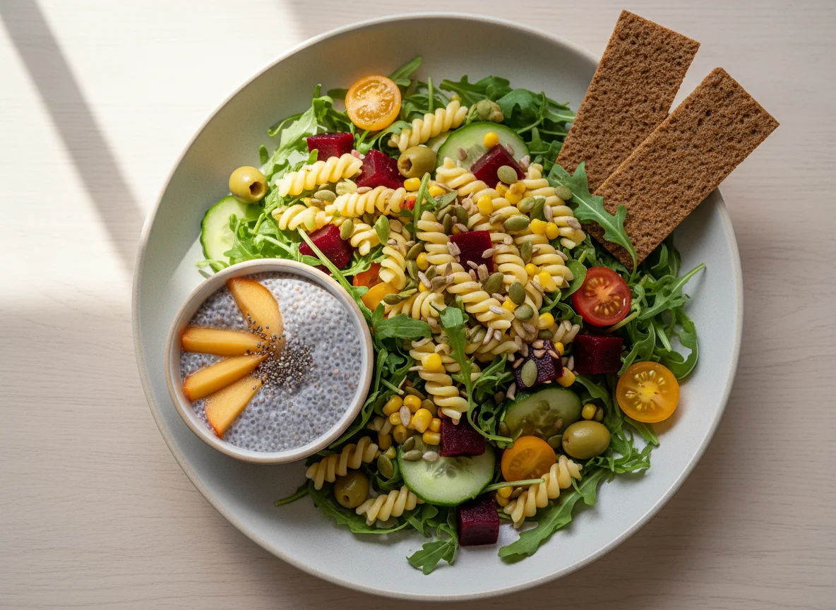 Salat mit Nudeln, Roter Bete und Chia-Pudding mit Kaki photo