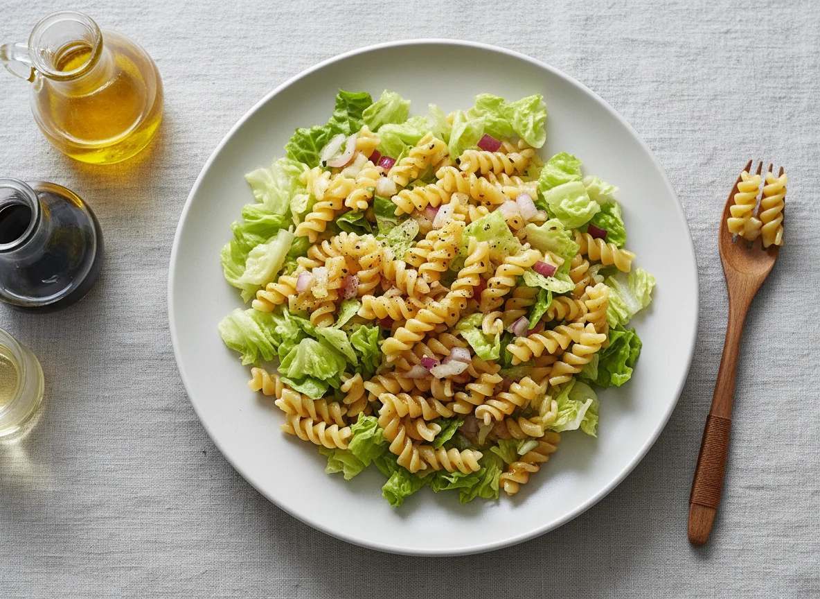 Salat mit Nudeln und Dressing photo