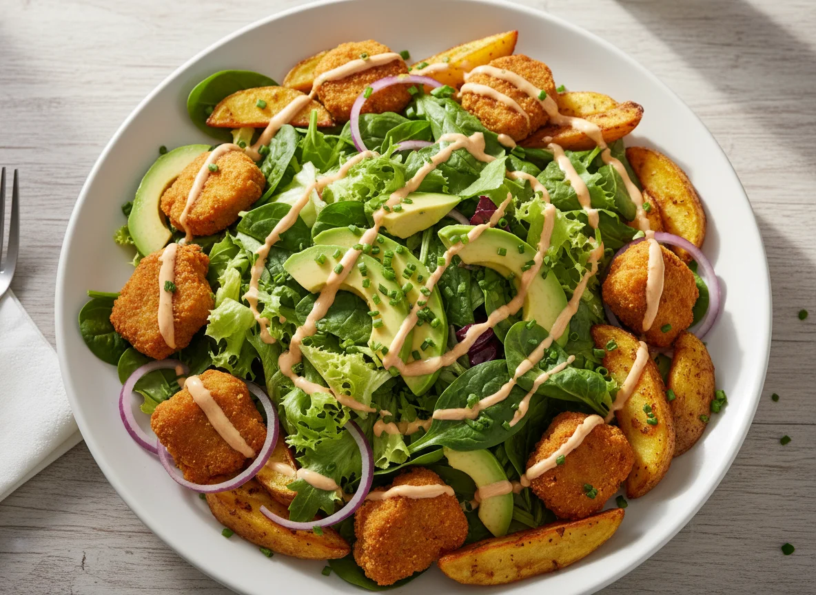 Salat mit Nuggets und Kartoffelspalten photo
