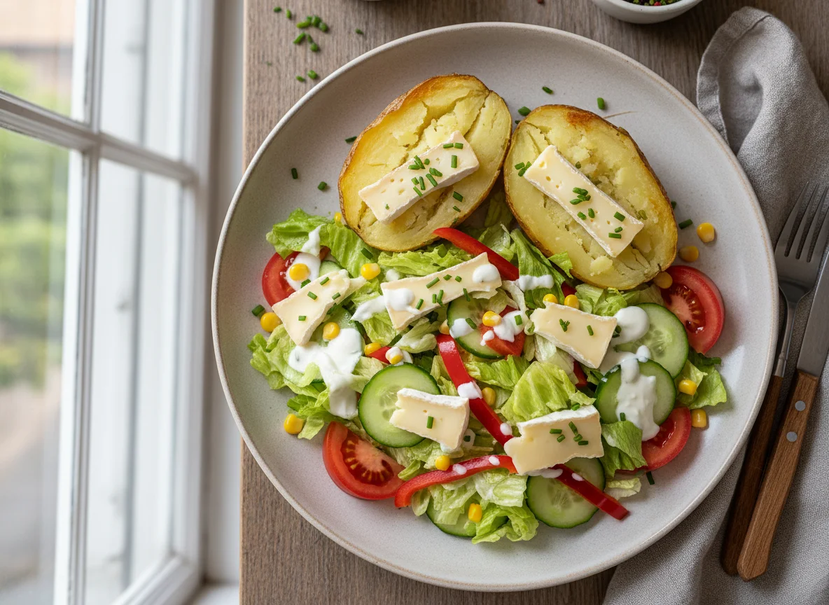 Salat mit Ofenkartoffel und Käse photo