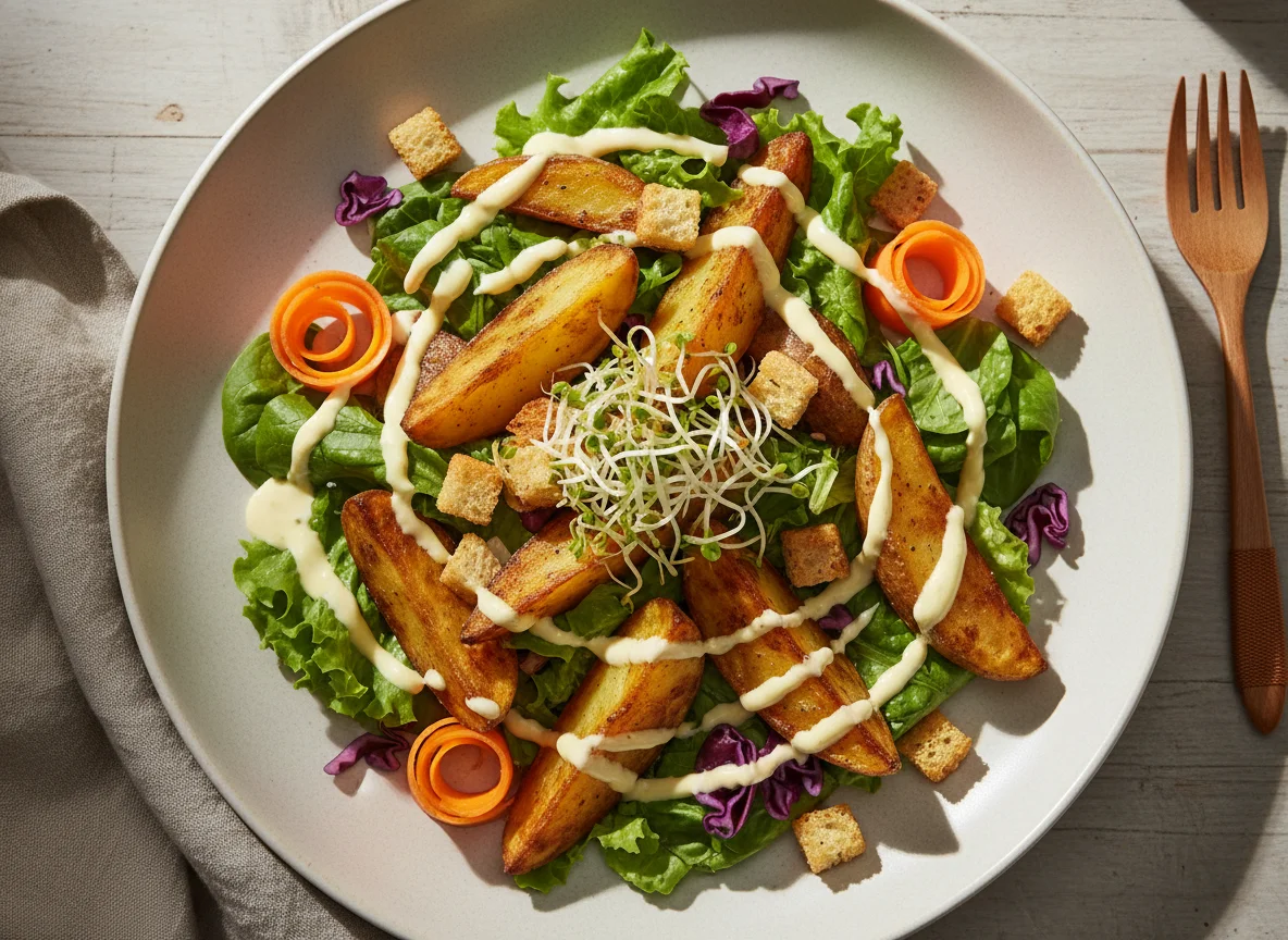 Salat mit Ofenkartoffeln und Dressing photo