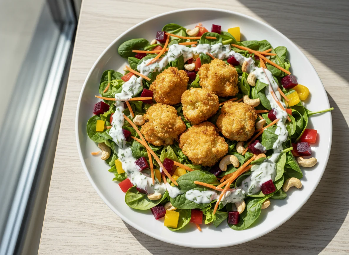 Salat mit paniertem Brokkoli und Dressing photo