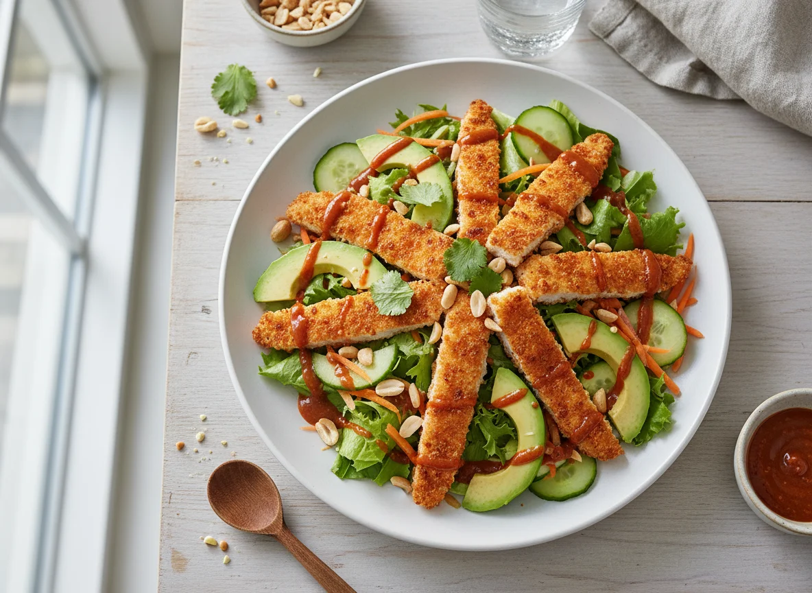 Salat mit paniertem Hähnchen und Avocado photo