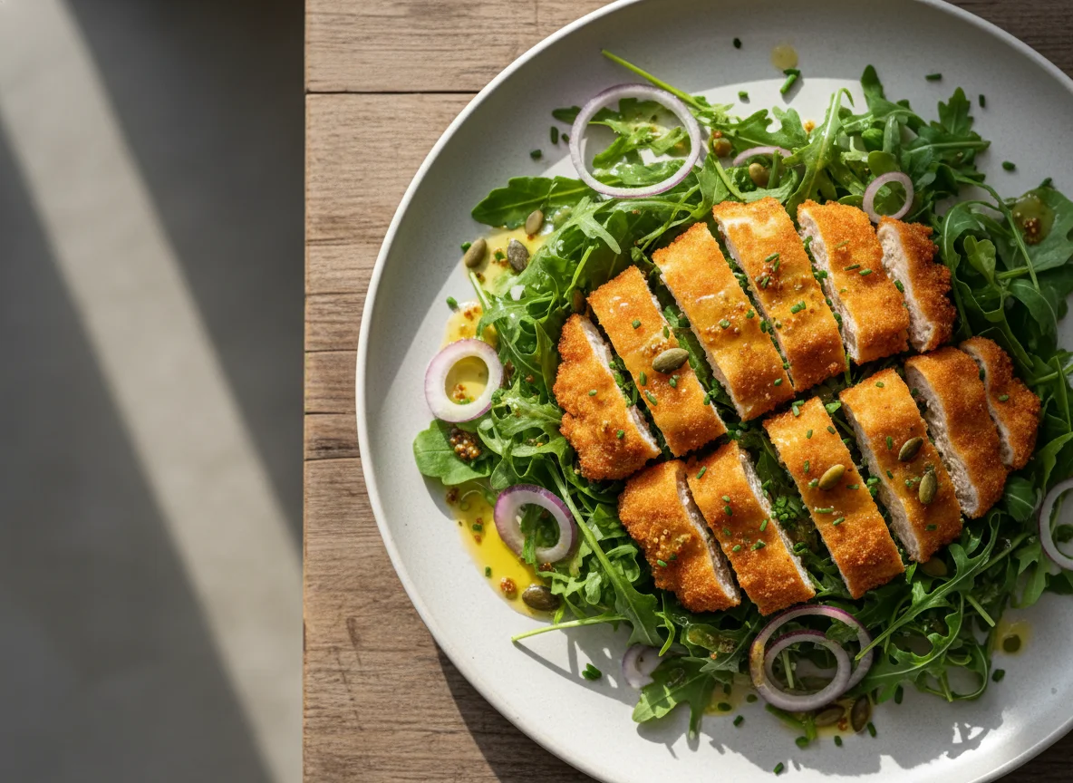 Salat mit paniertem Hähnchen und Dressing photo