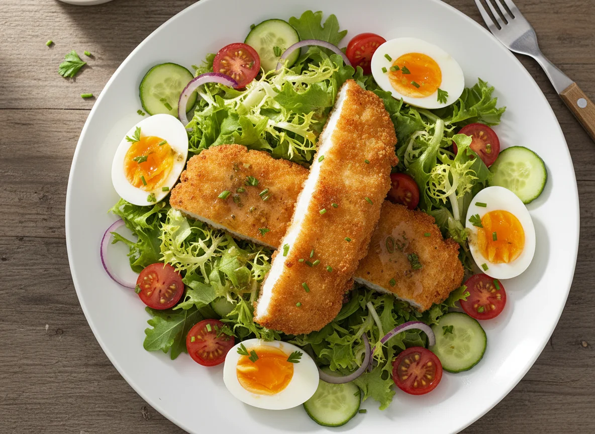 Salat mit paniertem Hähnchen und Ei photo