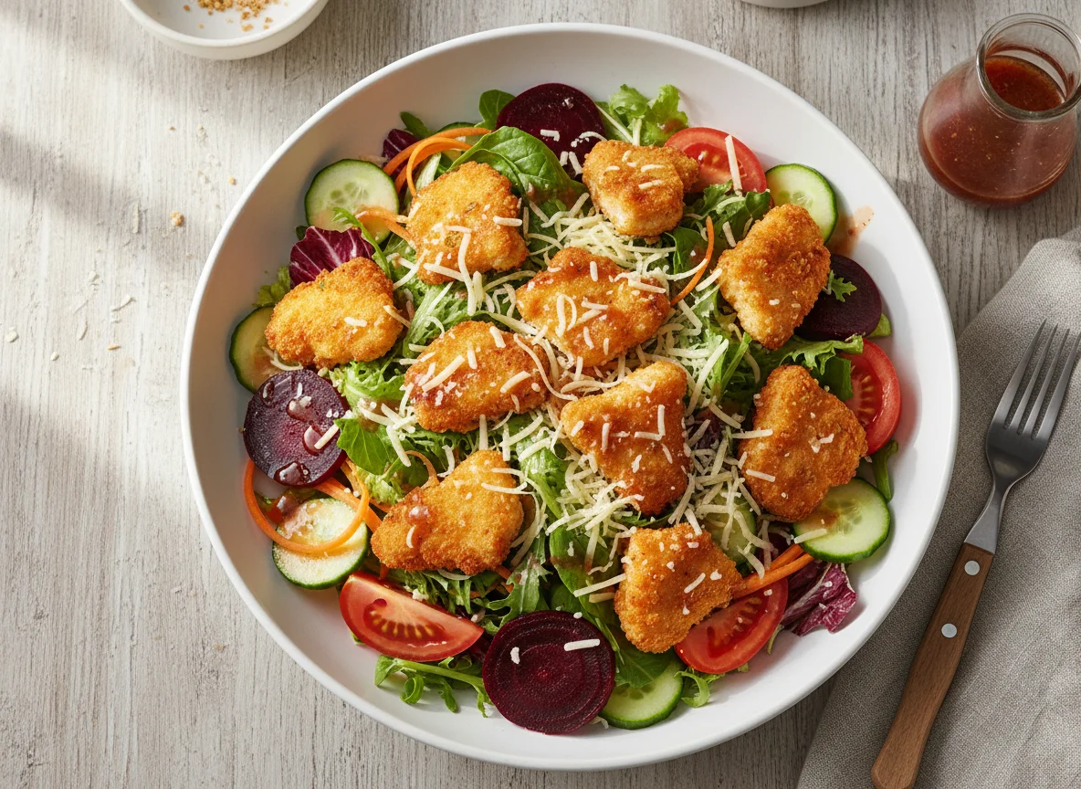 Salat mit paniertem Hähnchen und Käse photo