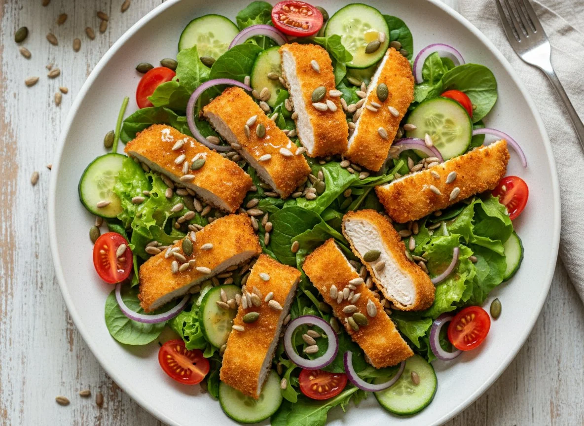 Salat mit paniertem Hähnchen und Kernen photo