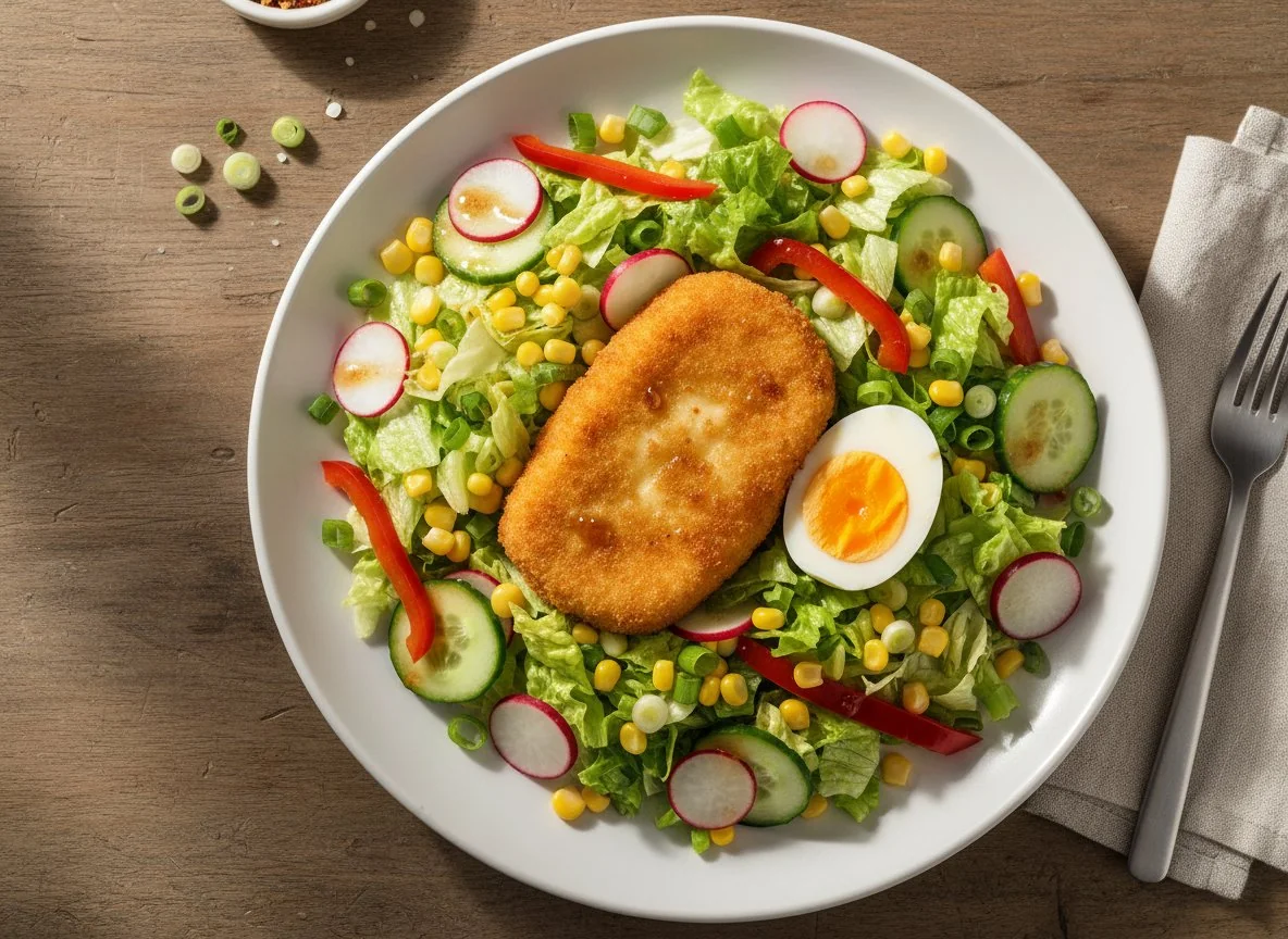 Salat mit paniertem Käse und Ei photo