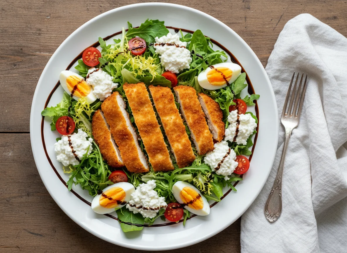 Salat mit paniertem Poulet, Hüttenkäse und Ei photo
