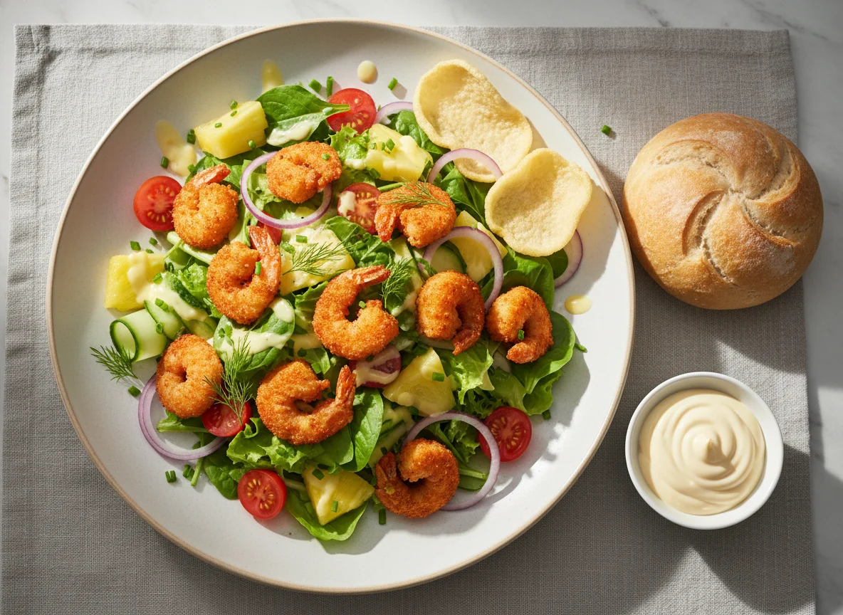Salat mit panierten Garnelen und Ananas photo