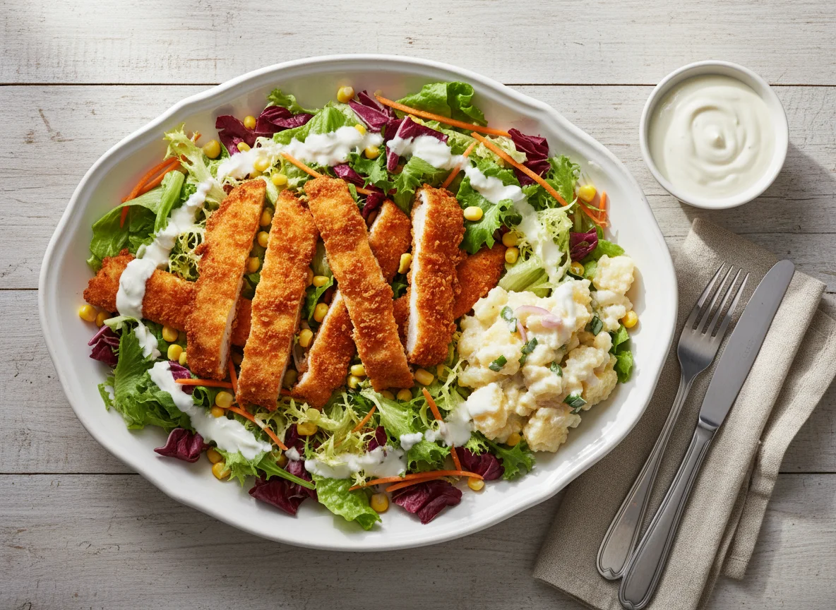 Salat mit panierten Hähnchenstreifen photo
