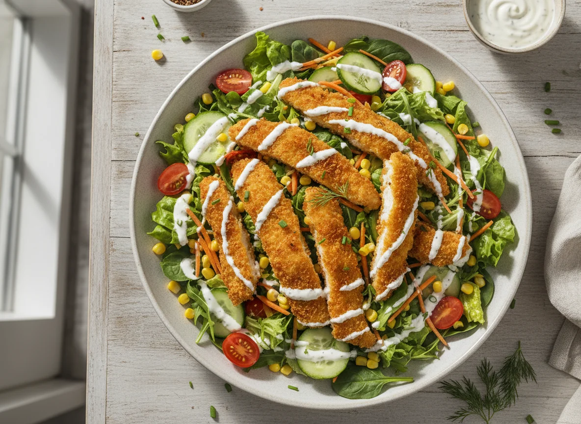 Salat mit panierten Hähnchenstreifen und Joghurt-Dressing photo