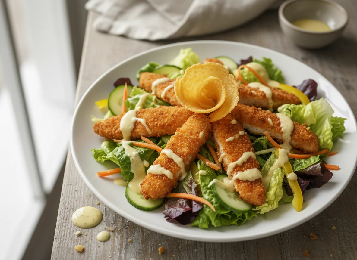 Salat mit panierten Hähnchenstreifen und Käsechip photo