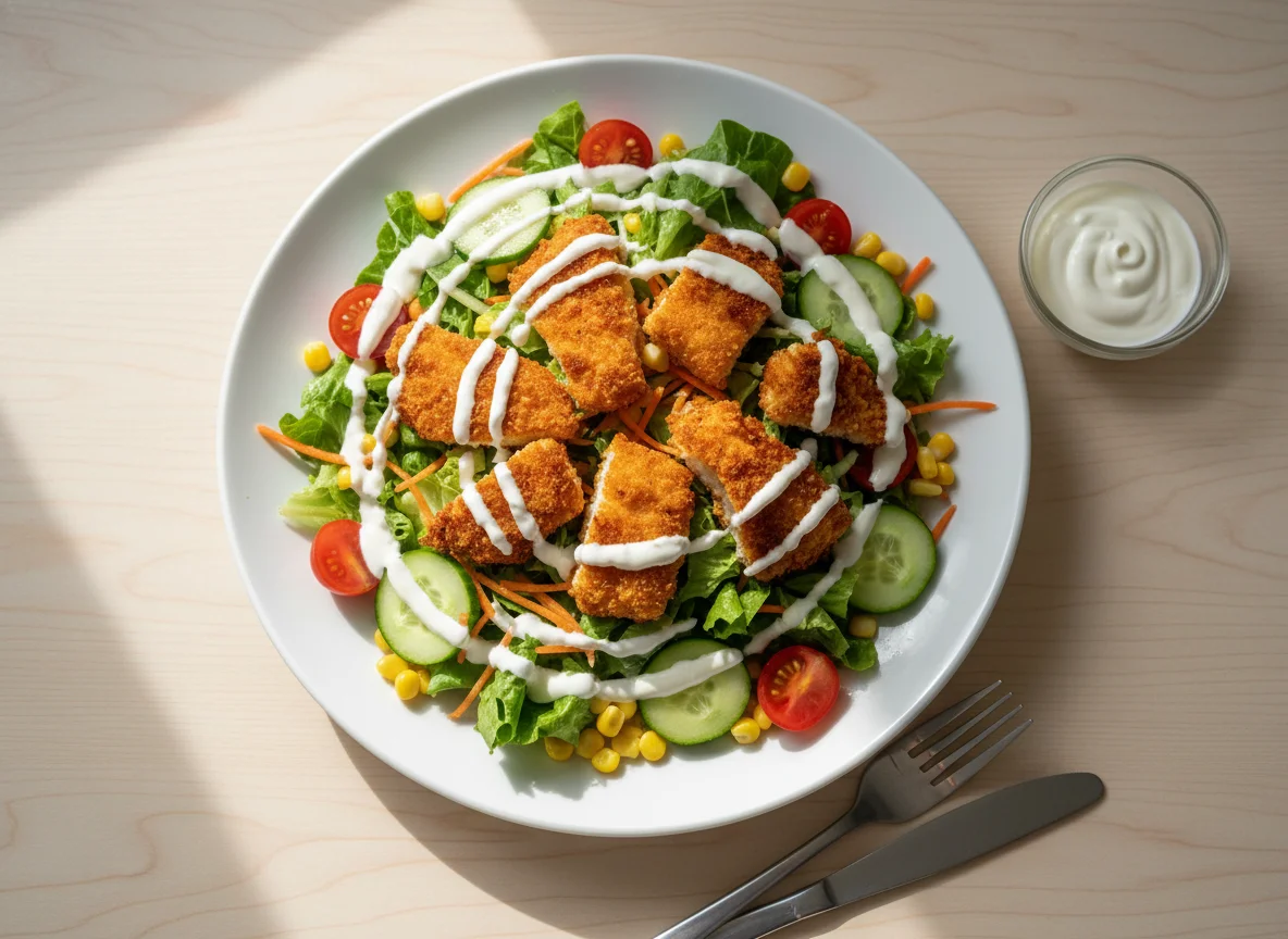 Salat mit panierten Hähnchenstücken und Dressing photo