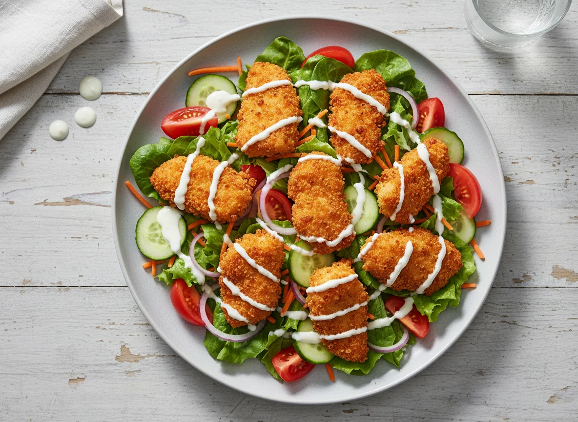 Salat mit panierten Hähnchenstücken und Joghurt-Dressing photo