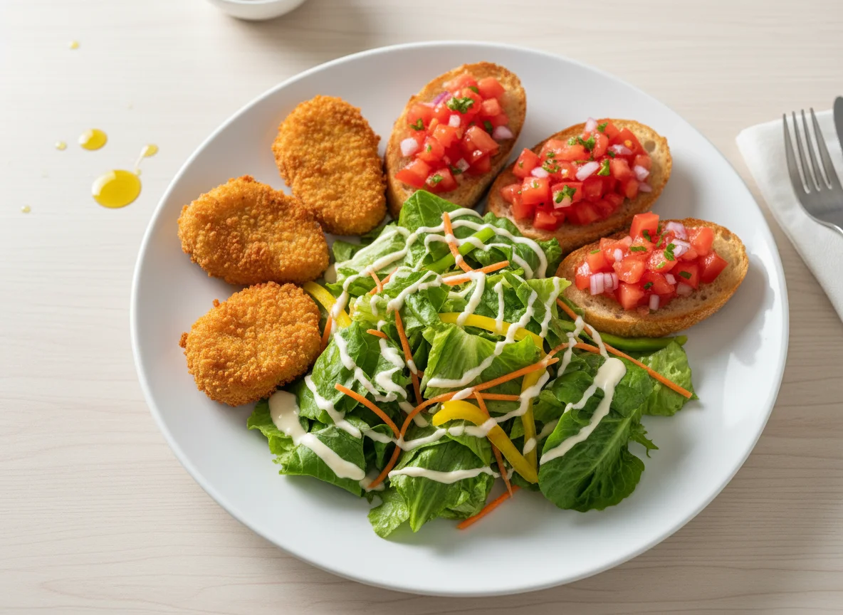 Salat mit panierten Nuggets und Bruschetta photo